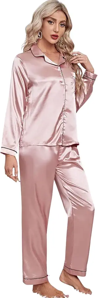 Pijama Feminino Cetim Americano com Elastano Bolso Botão Calça com Manga Longa - Rosa