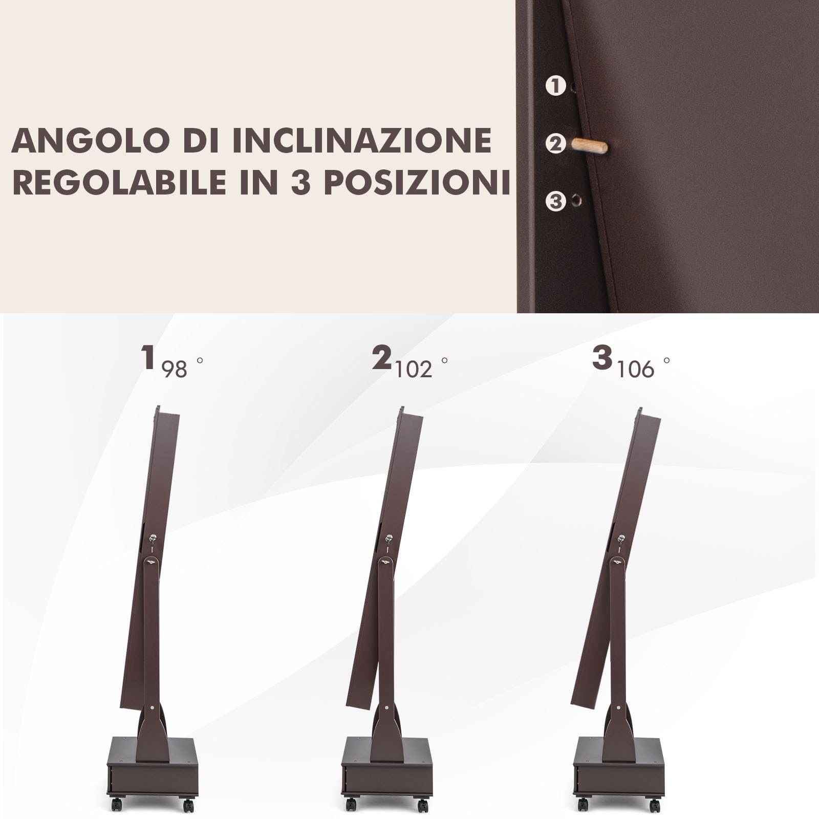 GYMAX Armadio Portagioie con Specchio Inclinazione Regolabile, Con Cassetto, Luci a LED e 4 Ruote, Design Moderno per Soggiorno, Camera da Letto (Marrone)
