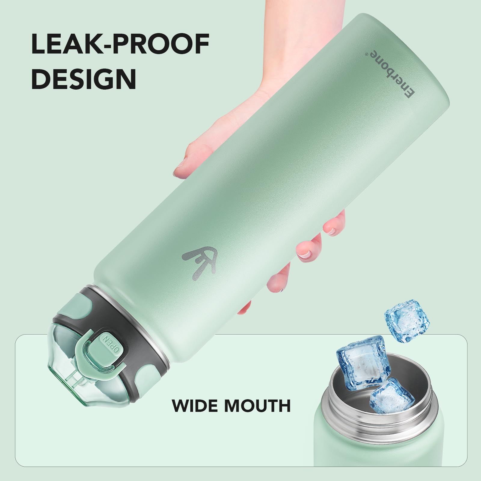 Enerbone Botella de agua aislada de 32 onzas, botella de acero inoxidable con correa de transporte, termo de aislamiento al vacío de doble pared, botella deportiva a prueba de fugas con popote