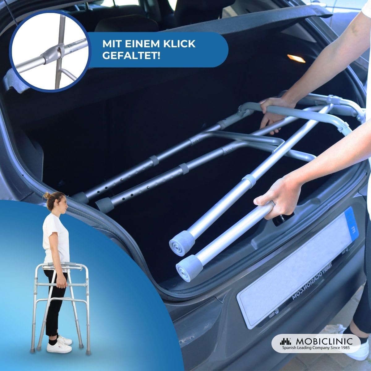 Mobiclinic®, Gehhilfe, Gehbock, Schmal, Stabil, Klappbar, 4 gummifüße, Aus aluminium, Leichtgewicht, Europäische marke, Höhenverstellbar, Ergonomische griffe, Nur 2, 5 kg, Silber, Modell columna