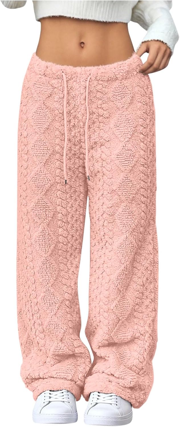Fuzzy Pajama Pants Women Casual Loose Drawsting Wide Leg Plush Pjs Pants Thermal Soft Fleece Lounge Home Bottoms