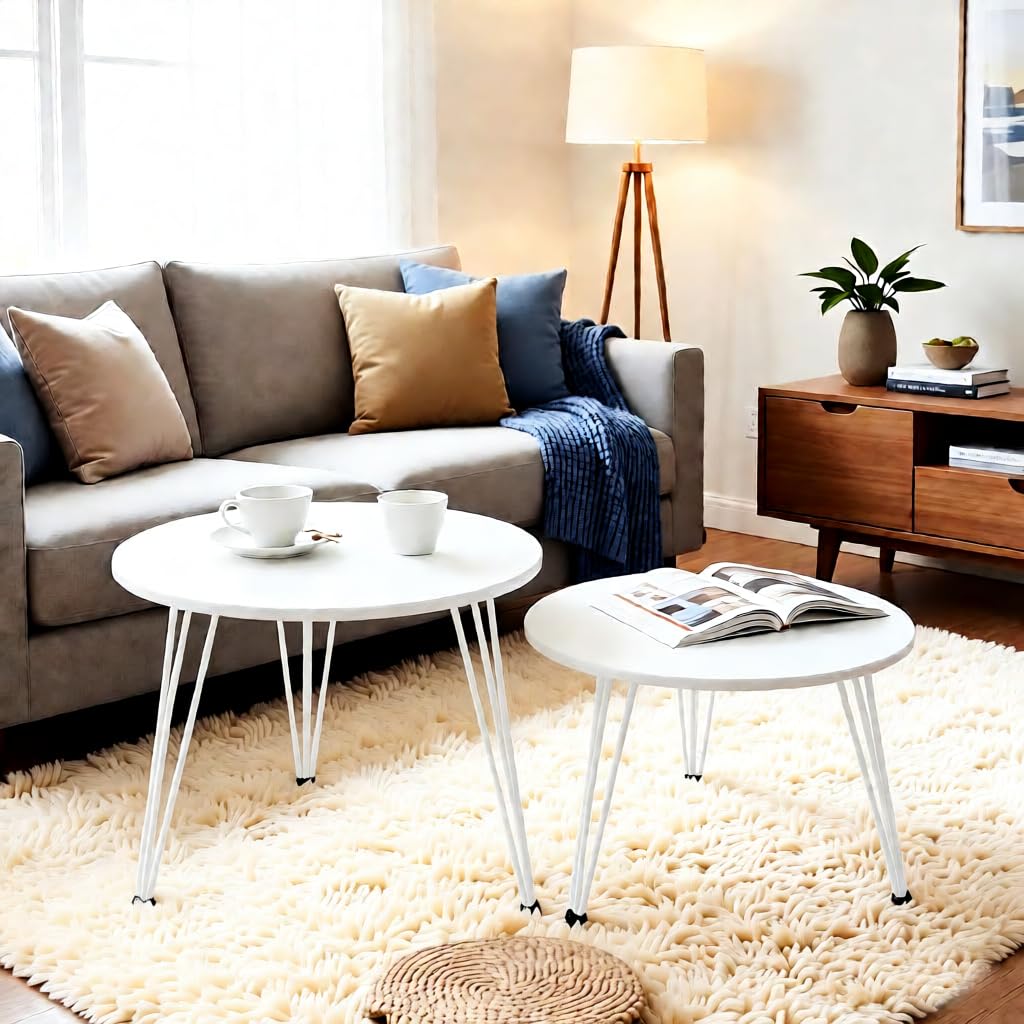 ZOYIZEN Round Coffee Table Set of 2 Side Tables for Living Room, ฮฆ 50 cm and ฮฆ 40 cm, End Table for Bedroom Restaurant, White