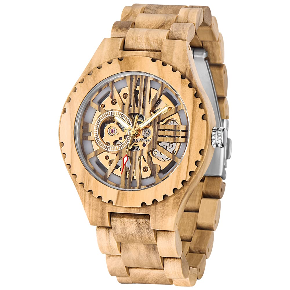 Relojes esqueléticos mecánicos de madera de los hombres de la moda, reloj de correa de madera sin batería para los hombres, relojes mecánicos de madera con esfera de números grandes romanos, M804.