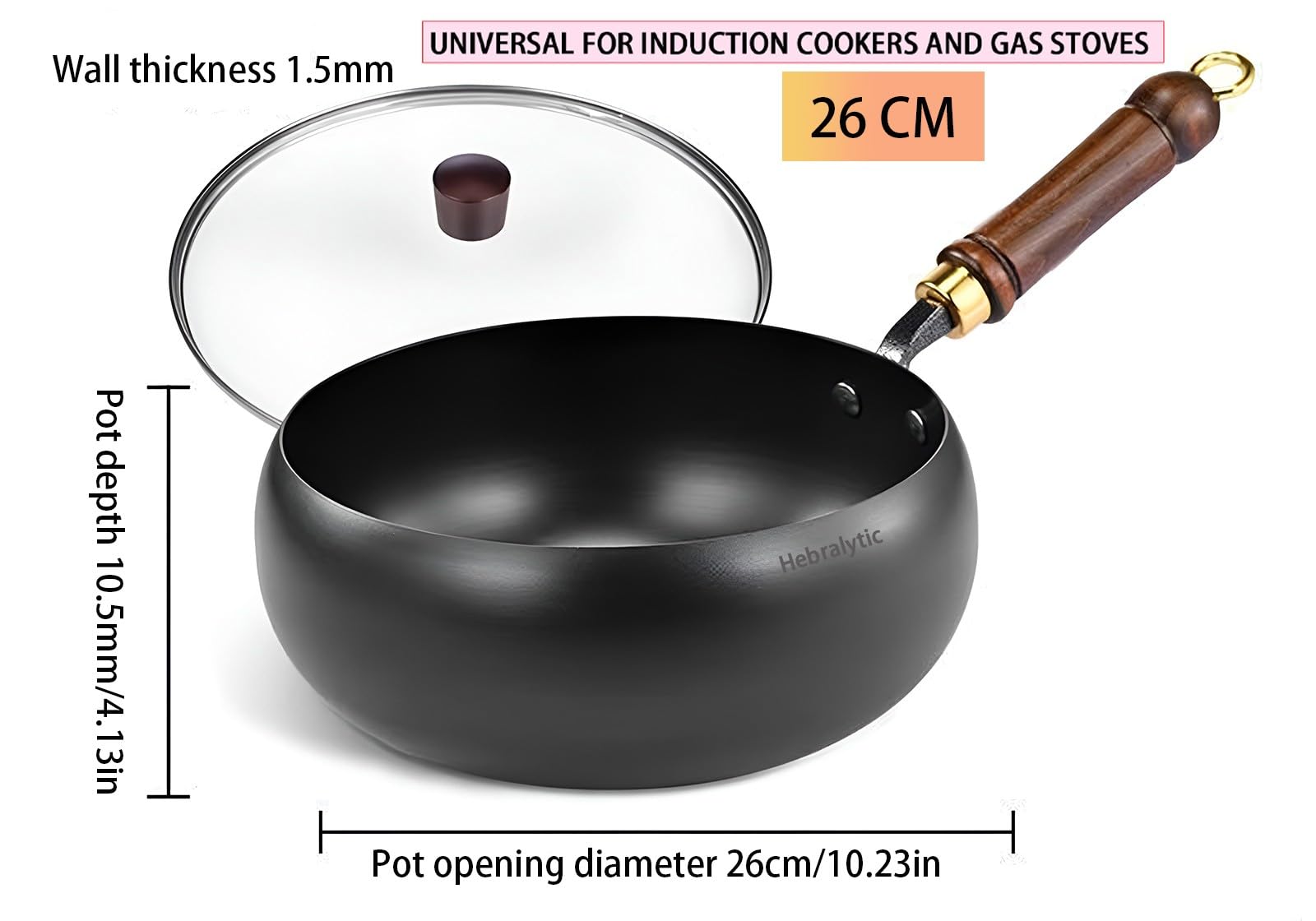 Japanische Woks aus Gusseisen, Unbeschichtete, Tiefe Bratpfannen, Handgeschmiedete Antihaft-Woktöpfe für Induktions- und Gasherde(Glass lid,26cm)
