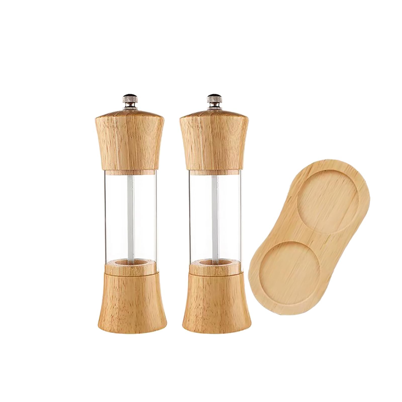 Wooden Clear Pepper Grinder with Base Set, Kitchen Pepper Sea Salt Black Pepper Mill, Home Camping Seasoning Bottle