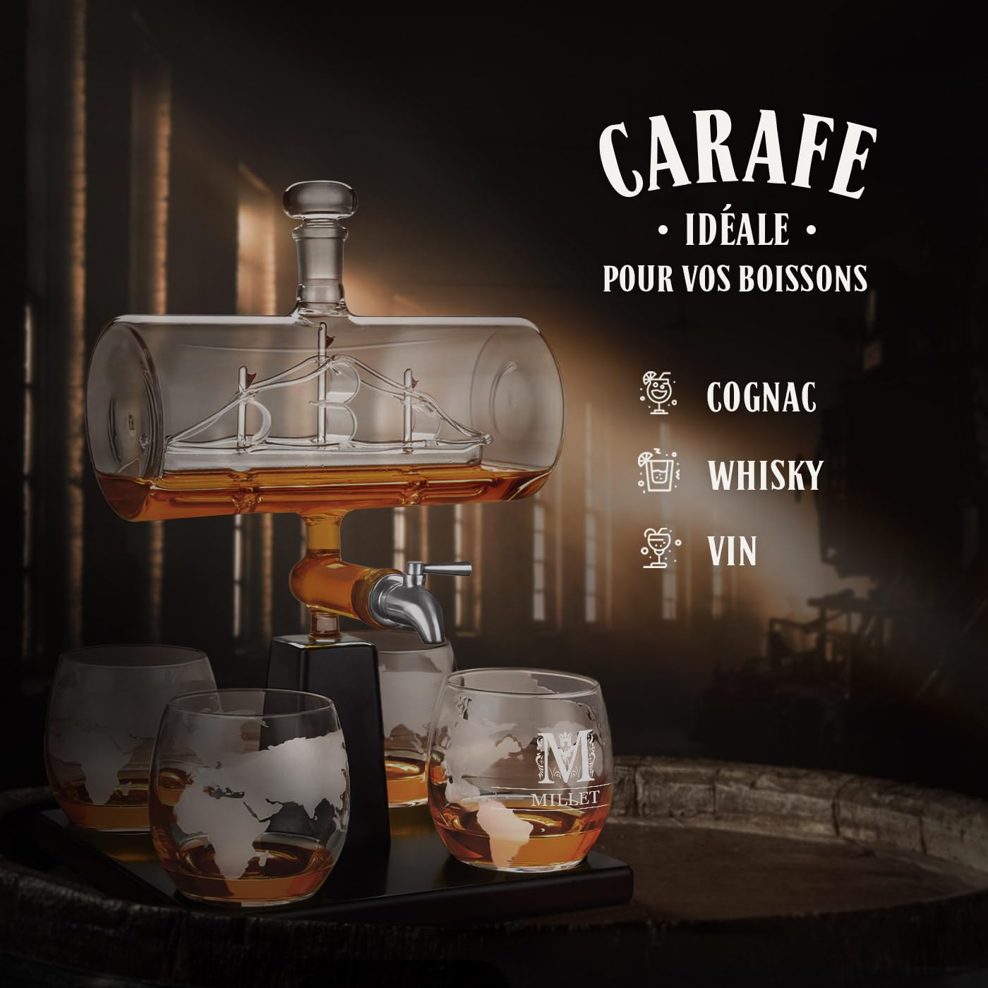 Maverton Ensemble de Carafe a Whisky et 4 Verres à Whisky Gravés - 1000 ML Original Carafe en verre - Idee Cadeau homme personnalisé - Cadeau anniversaire homme - Lettre