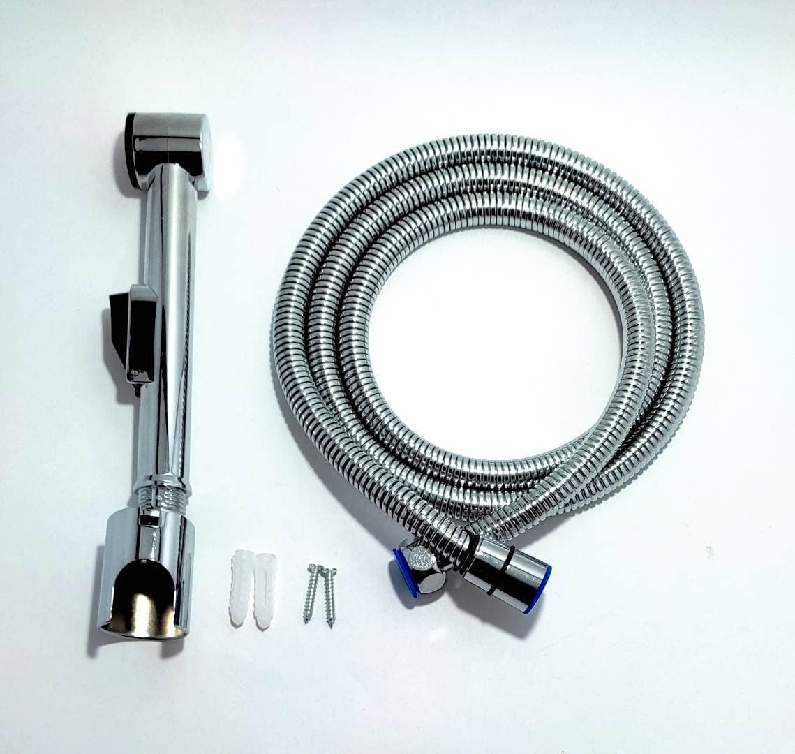 ibath Genuine (IB-HF-B) ABS Health Faucet, CHROME polish, with special brass fitting ( long lasting) + 1.25m expandable Stainless Steel, Flexible Hose Pipe 360 degrees revolving with brass nut and brass core fitted with inside EPDM tube + 1 Wall bracket Chrome Polished ABS Body + 1 screw set