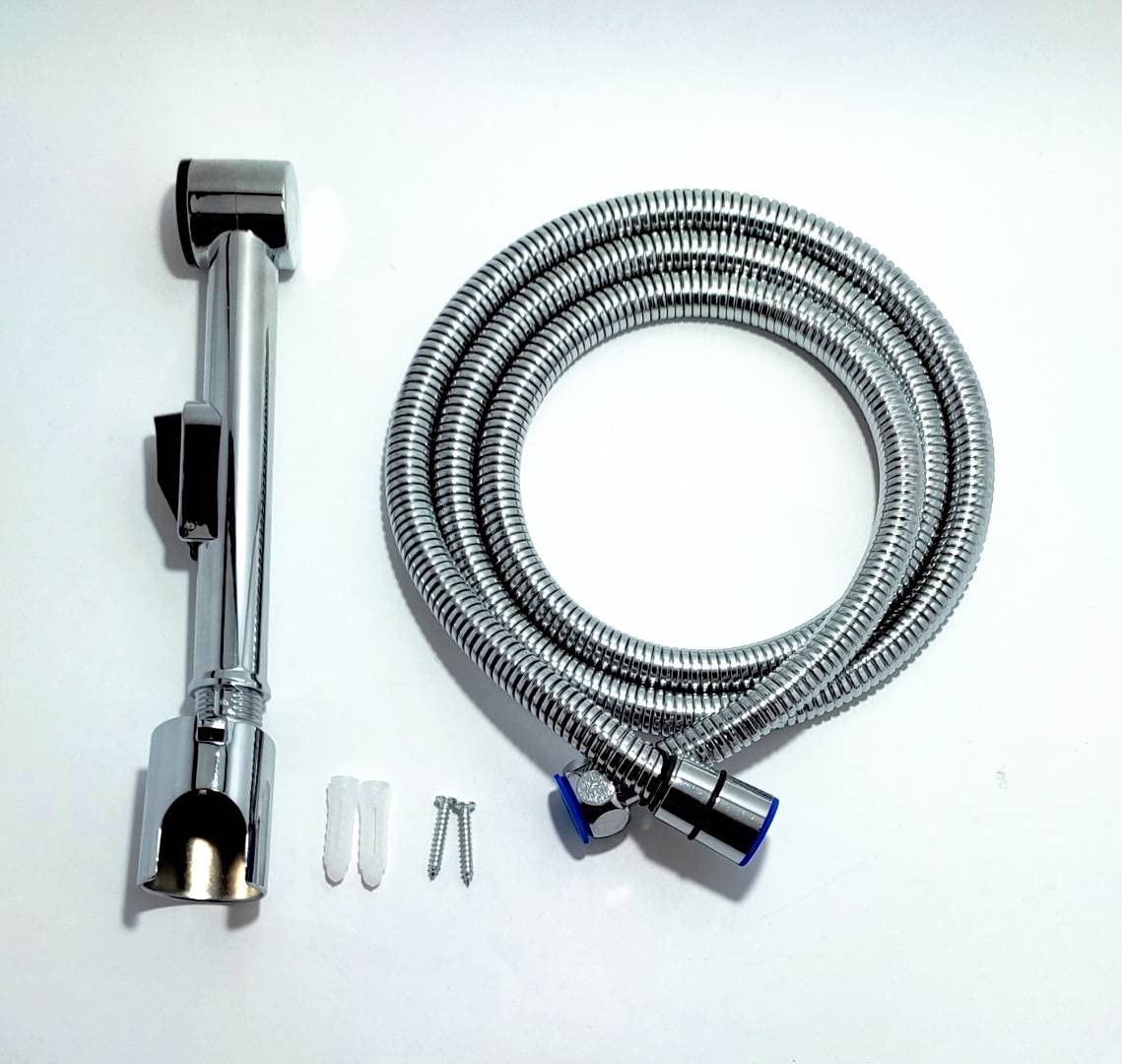 ibath Genuine (IB-HF-B) ABS Health Faucet, CHROME polish, with special brass fitting ( long lasting) + 1.25m expandable Stainless Steel, Flexible Hose Pipe 360 degrees revolving with brass nut and brass core fitted with inside EPDM tube + 1 Wall bracket Chrome Polished ABS Body + 1 screw set