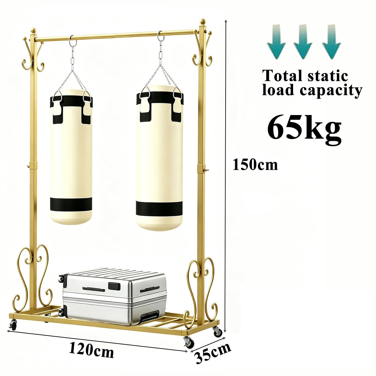 Metall-kleiderständer auf rollen, Gold (120cm) | Garderobenständer mit Bodenregal, 4 Rollen mit Bremse, Stabil kleiderstange, bis 65 kg belastbar, für Schlafzimmer, Boutique