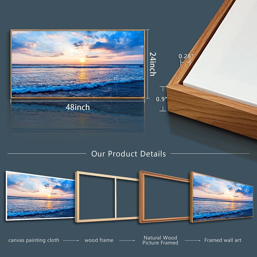 Wapluam Large Canvas Wall Art For Living Room Wall Decor For Office Blue Beach Painting Ocean Sea Waves Wood Framed Wall Pictures Ready To Hang Bedroom Home Decorations Prints Posters Mural Artwork