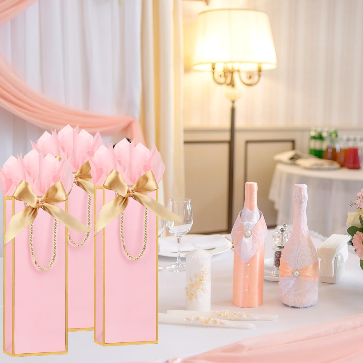 ZJHiome 6 Pack Wine Gift Bags with Tissue Paper Wine Bottle Paper Bags with Bow Ribbon for Wedding Birthday Christmas Retirement Party Supplies (Pink) image 4