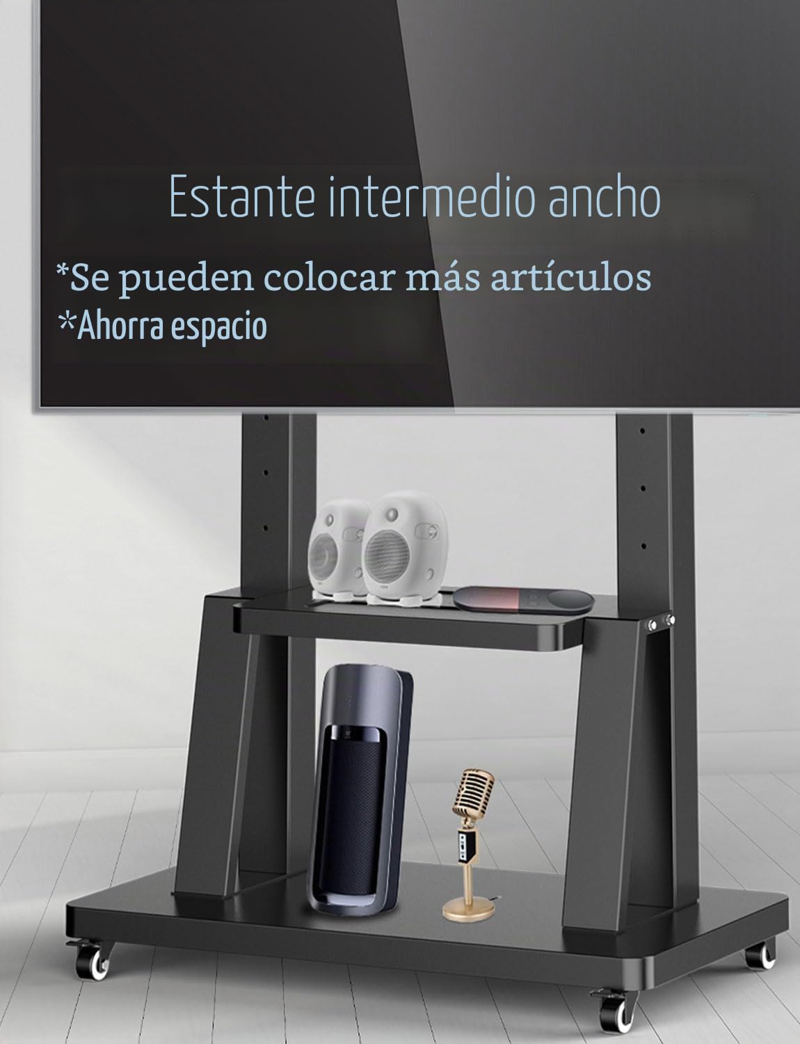 JXMSTWP - Soporte de TV con ruedas móviles para la mayoría de pantallas de 42 a 100 pulgadas, carrito de TV grande en altura ajustable con bandeja, VESA Max 900 x 600 mm, carga 80 kg, soporte para