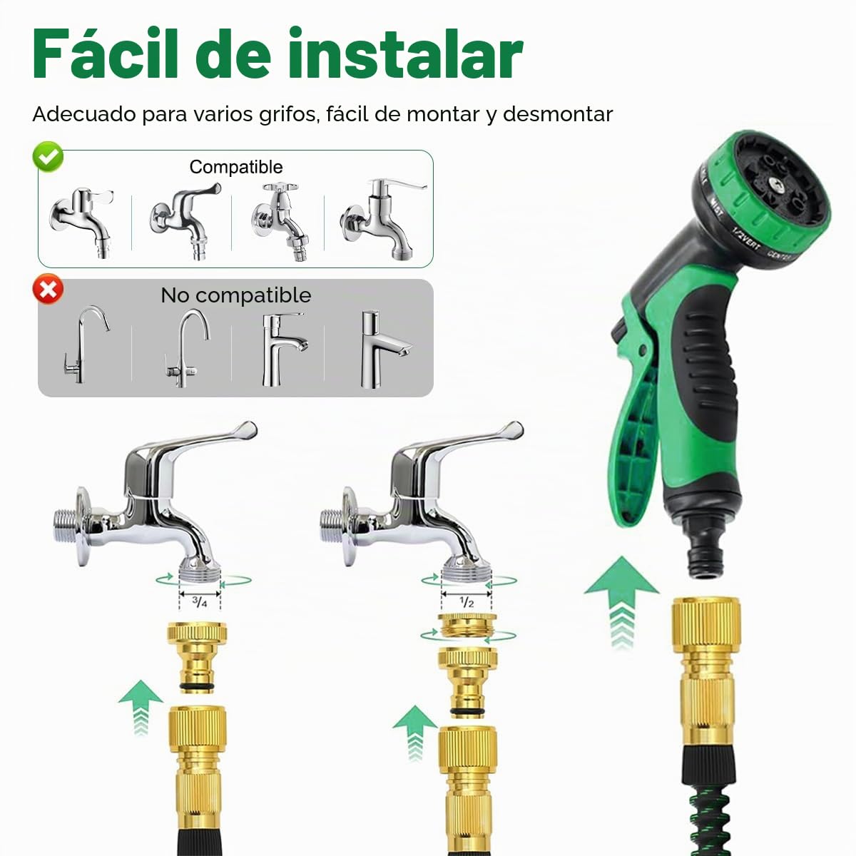 Manguera de jardín flexible de 30 m/100 pies verde, con pistola pulverizadora y conexiones de latón de 3/4" y 1/2", manguera de agua extensible y flexible con 10 funciones, 3x extensible, sin dobleces