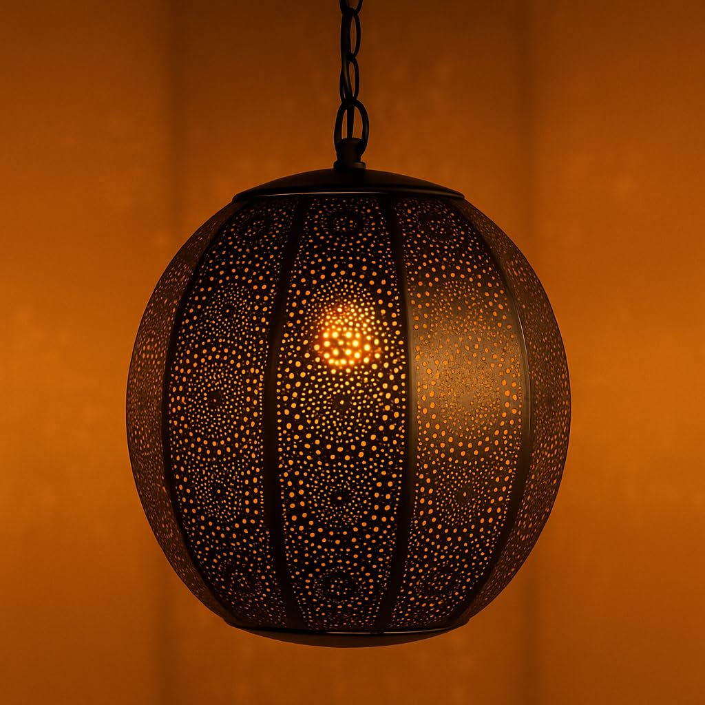 Orientalna lampa wisząca czarna Konoos 35 cm, oprawka E27, marokańskie wzornictwo, lampa wisząca z Maroka, orientalna lampa do salonu, kuchni lub wisząca nad stołem jadalnym