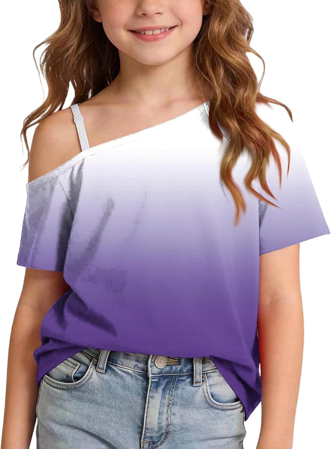 Girls Off The Shoulder Tops Trendy Gradient Summer T-Shirt Cold Shoulder Short Sleeve Loose Blouse for 5-14 Years