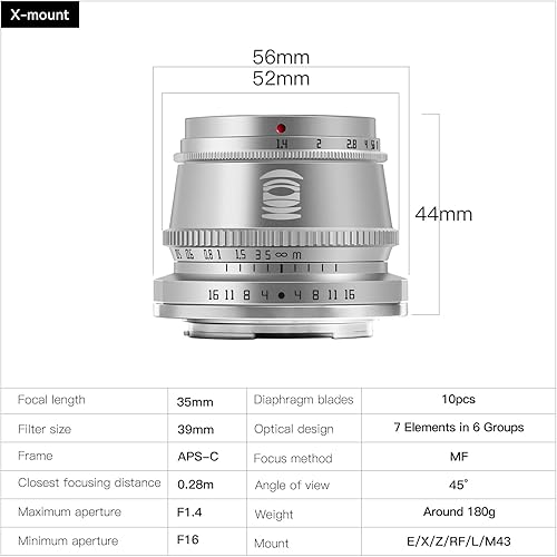 Miniatura 14 de TTArtisan Lente de enfoque manual F1.4 APS-C de 1.378 in para cámara Fuji X Mount X-A10 X-A20 X-A3 X-A5 X-A7 X-M1 X-H1 X-T10 X-T2 X-T20 X-T3 X-T30