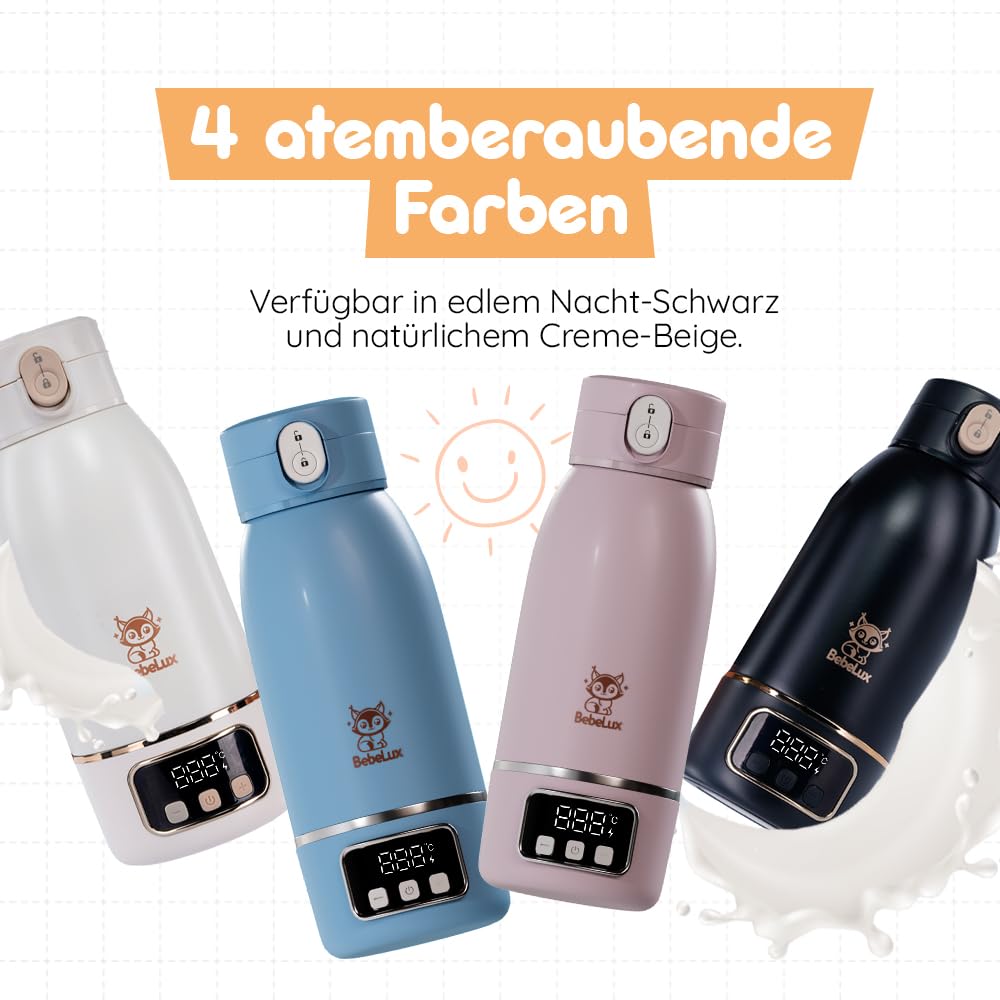 BEBELUX Elektryczny podgrzewacz do butelek dla niemowląt – elektryczny podgrzewacz mleka dla niemowląt w podróży | szybkie ładowanie 36 W USB-C | nie zawiera BPA | doskonała regulacja temperatury |