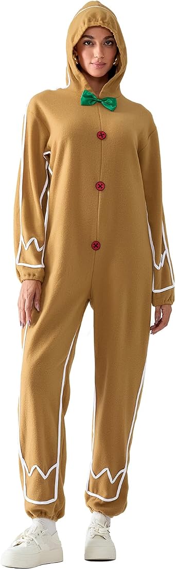 Women Men Gingerbread Men Costume Adult Christmas Hooded Long Sleeve One Piece Jumpsuit Xmas Cosplay Theme Party