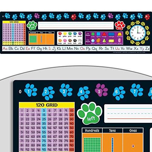 Really Good Stuff 24PK Paw Prints Self-Adhesive Deluxe Plastic Desktop Reference Nameplate with Letters, Numbers, Colors, 2-D and 3-D Shapes, 120 Grid, Left and Right, Base 10 and Time