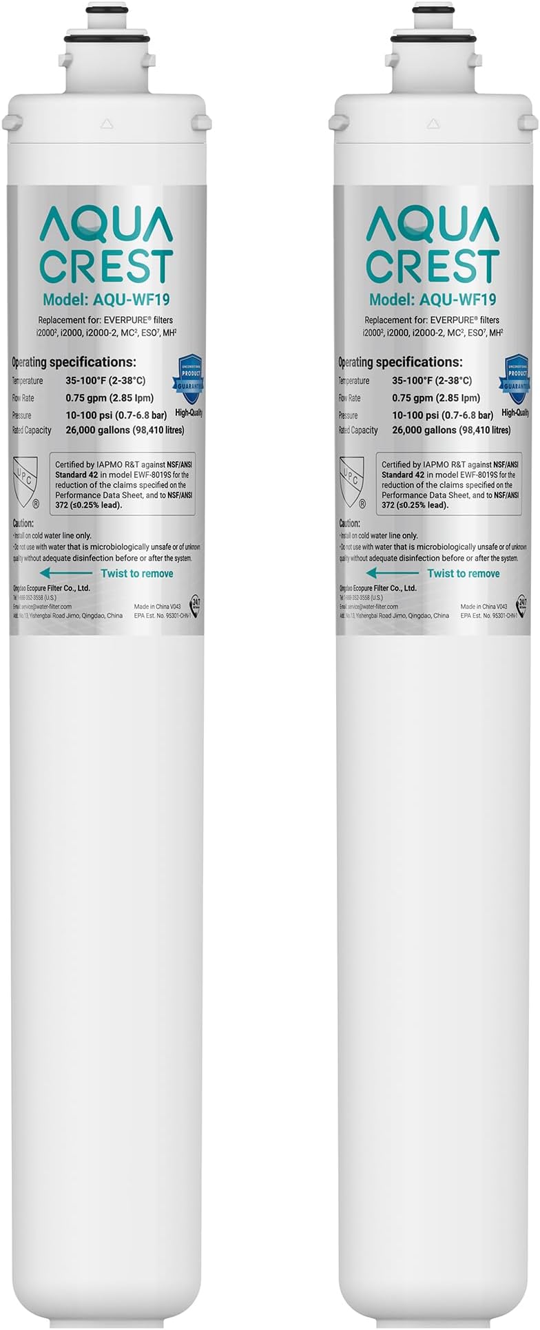 AQUA CREST I2000 2 Under Sink Water Filter, Replacement for Everpure i2000, EV9612-22, MC2, ESO7, MH2, EV9612-56, EV9607-25, EV9613-21, NSF/ANSI 42 Certified, 26K Gallons, Pack of 2