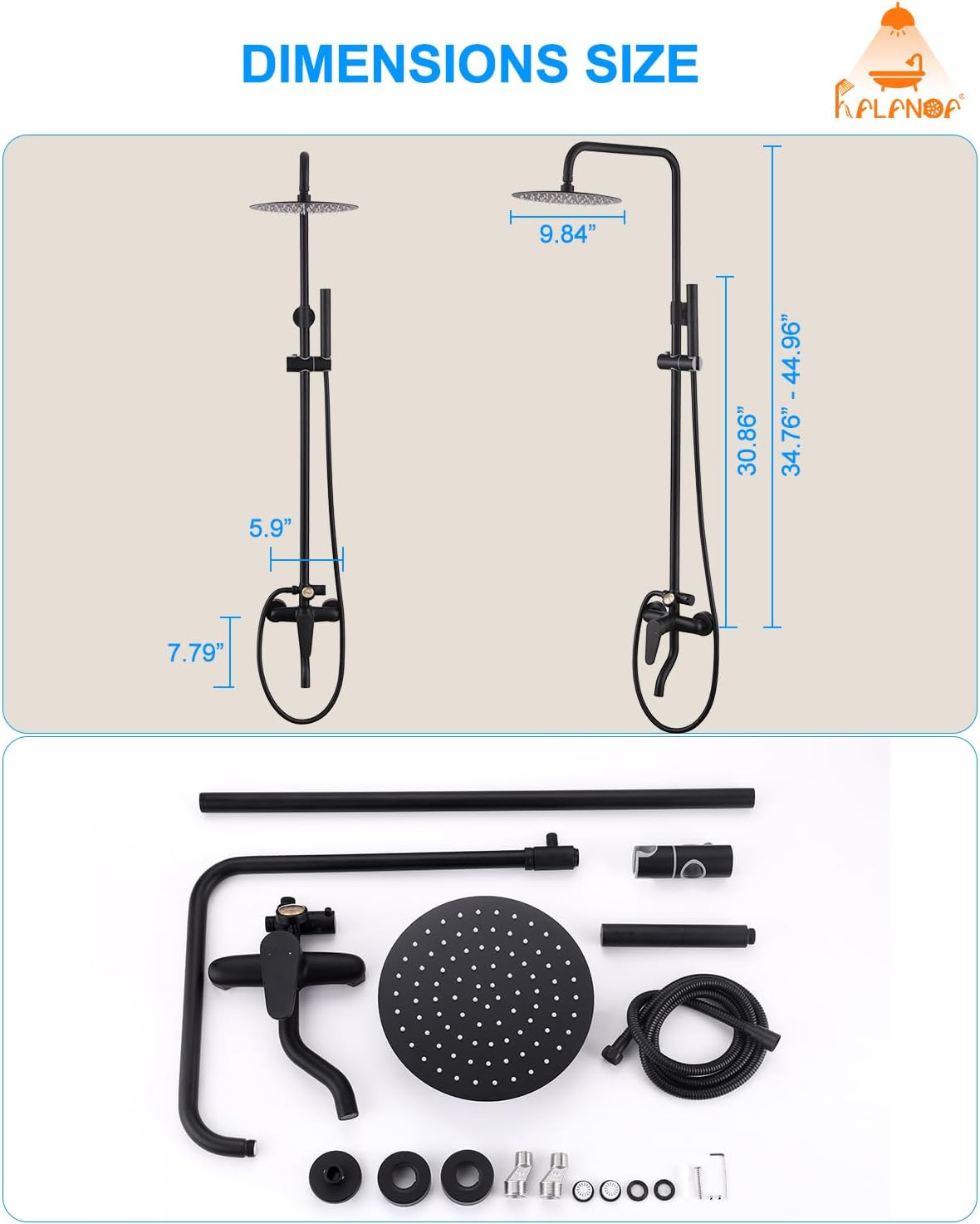 All-Metal Outdoor Shower Fixture,3 Functions Handle Tub Rainfall Shower Faucet Sets with Dial Thermometer Brass Valve, Black Exposed Shower System with 10'' Rainfall Shower Head Adjustable - Image 7