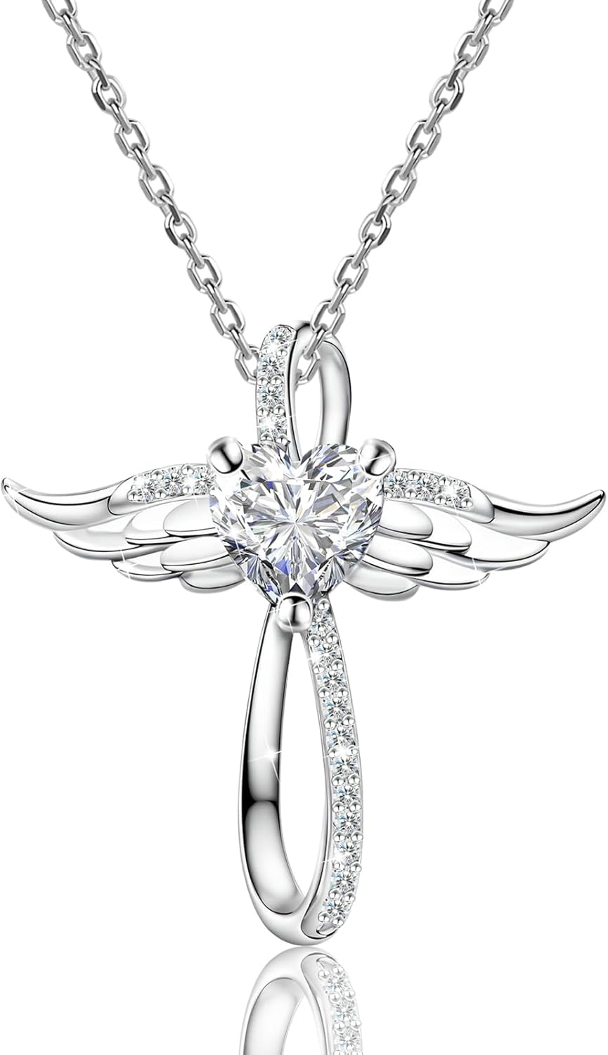 Sterling Silver Trendy Cross Pendant Necklace for Women Dainty CZ Angel Wings Hypoallergenic Jewelry with Silver Chain Fashion Birthday Gift for Women