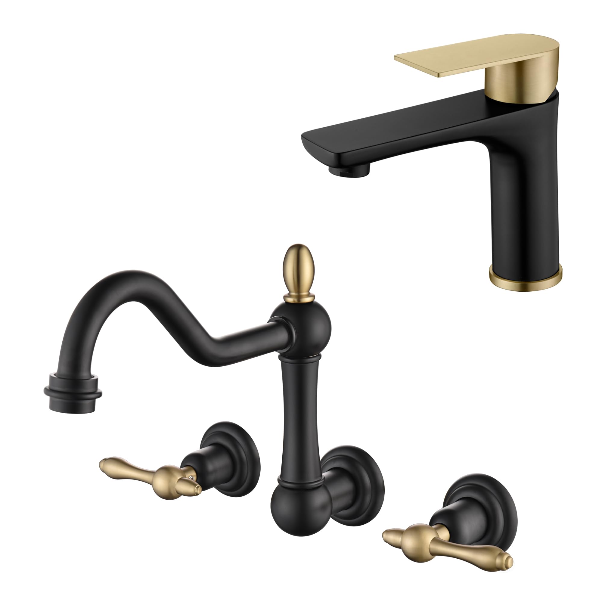 Nfusrxmbk Black/Gold Wall Mount Tub Faucet S2145i-Mg + Bathroom Sink Faucet S1425-Mg