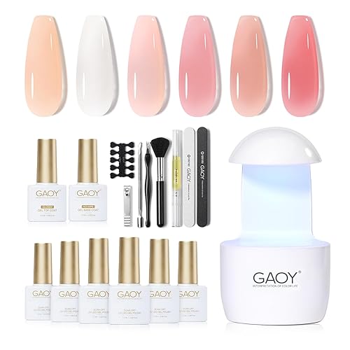 GAOY Kit de esmalte de uñas de gel con luz UV para principiantes, 6 colores blanco lechoso, rosa, naranja, esmalte de gel transparente, kit de uñas