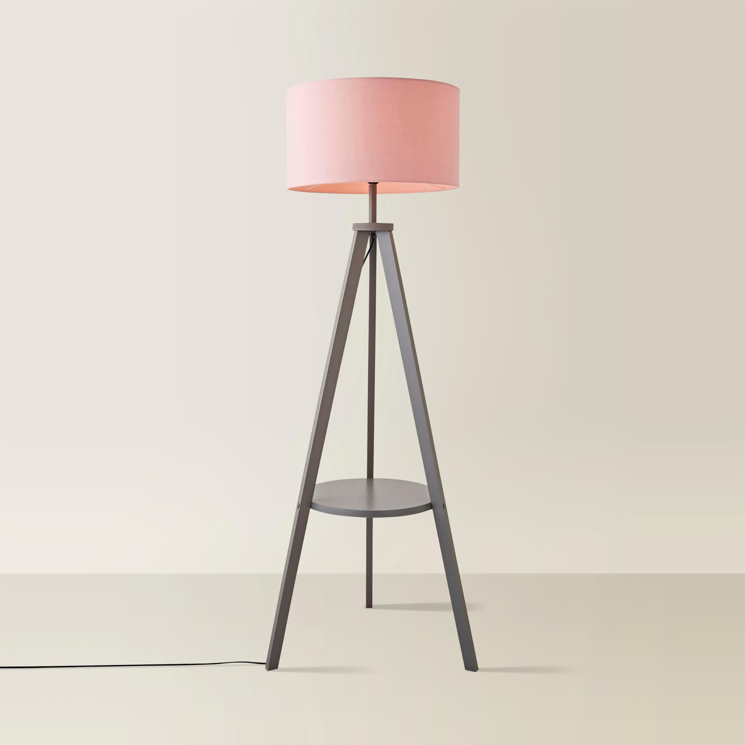 MiniSun | Modern Grey Wood Tripod Design Floor Lamp with Storage Shelf & Pink Drum Shade | Floor Lamps & Home Improvements Essential