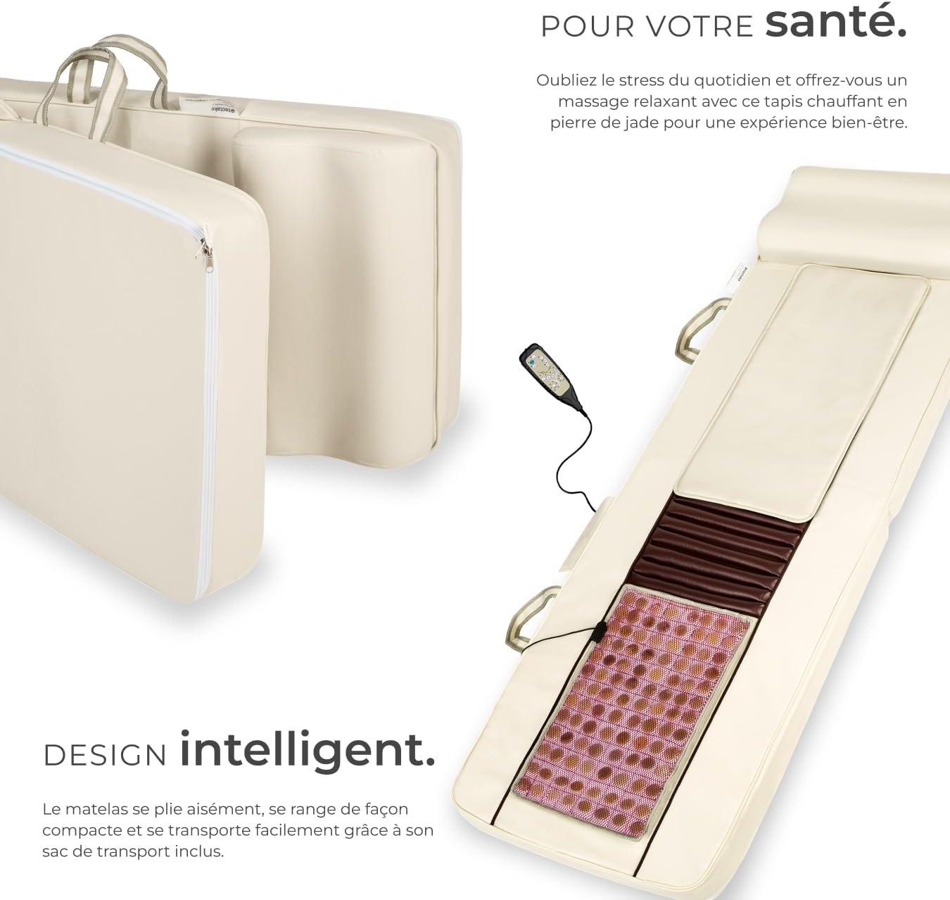 The TecTake Massage Mat folded for storage, with remote control and transport bag.