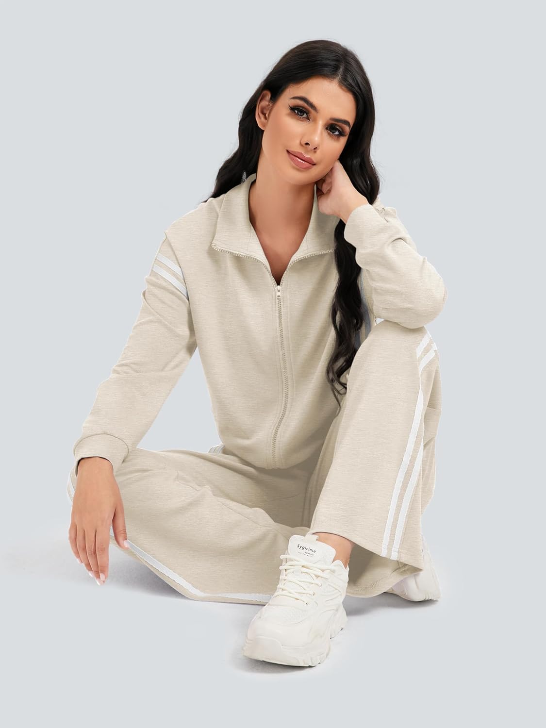 Casly Lamiit Women's 2 Piece Lounge Outfits Zip Up Sweat Set Contrast Striped Wide Leg Jogging Pants Travel Track Suit