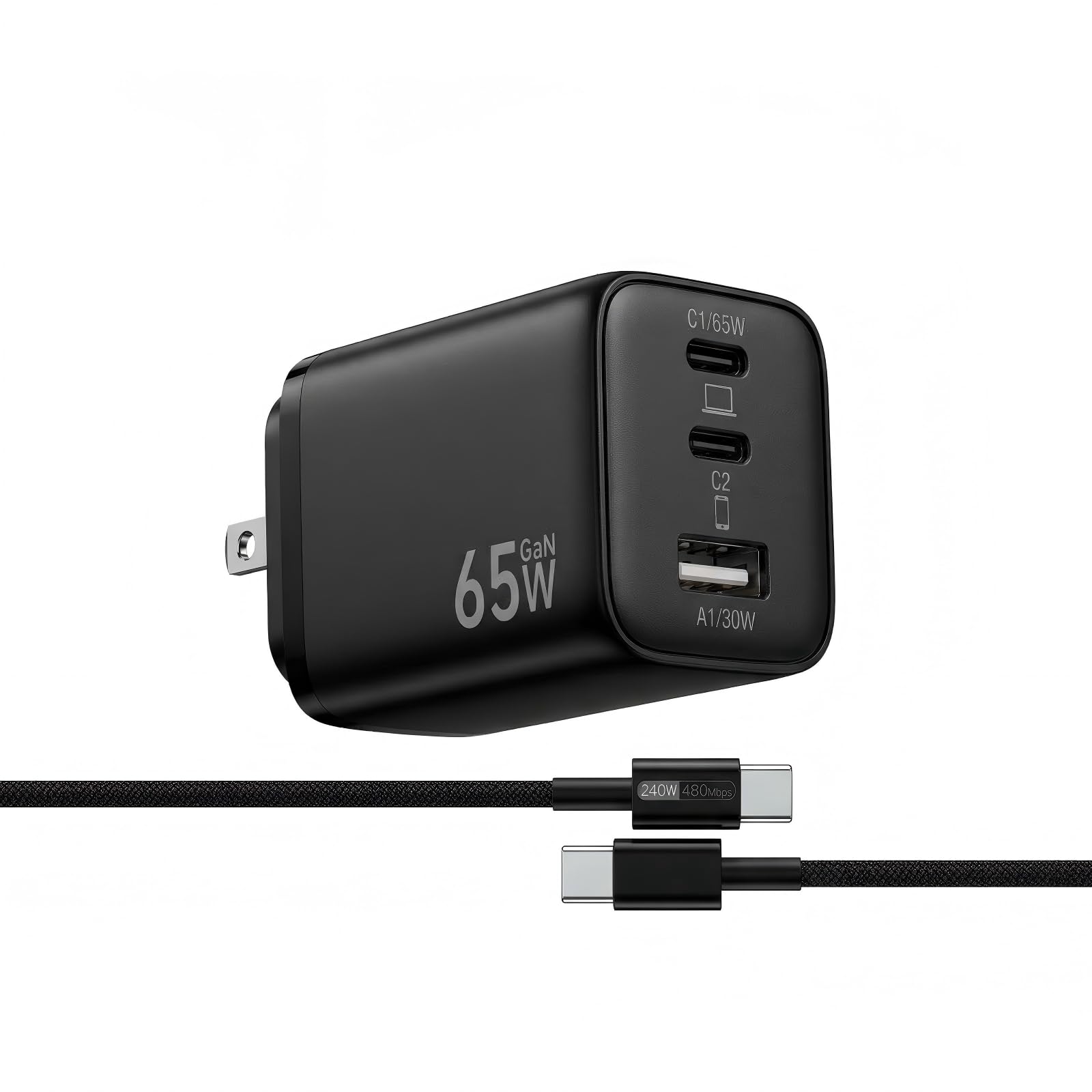 65W USB C Charger Block, 3-Port GaN III Fast Charger with 6FT 240W Cable | Foldable Wall Charger Compatible iPhone 17Pro/16, Mac Book/Air/Pro, ipad Air/Pro, Galaxy S25Ultra/24, Pixel9/8, Laptop
