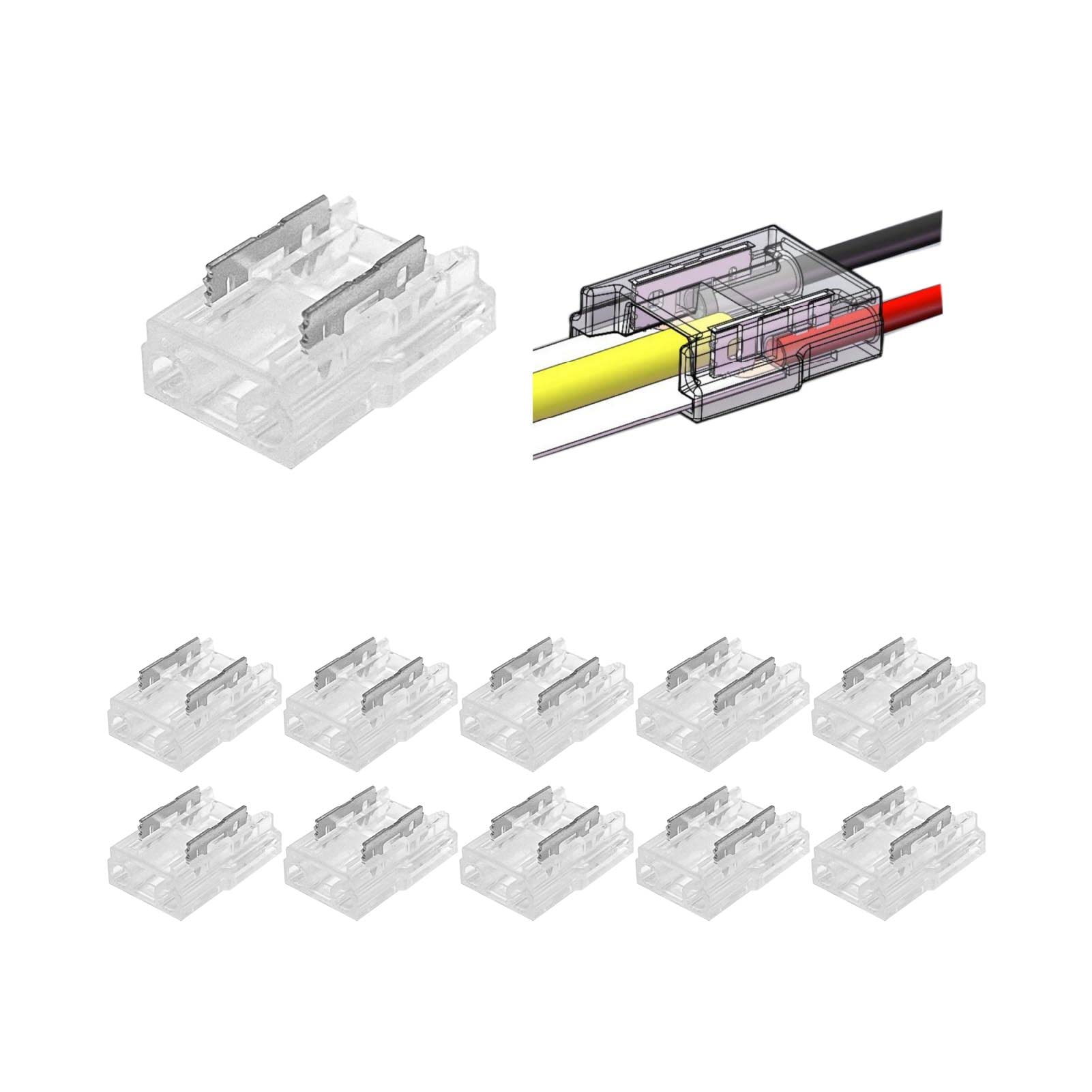 8mm 2-Wire Solderless LED Connectors – 10-Pack Clip For 3528 LED Strips, Easy Installation, 15cm Wires Included