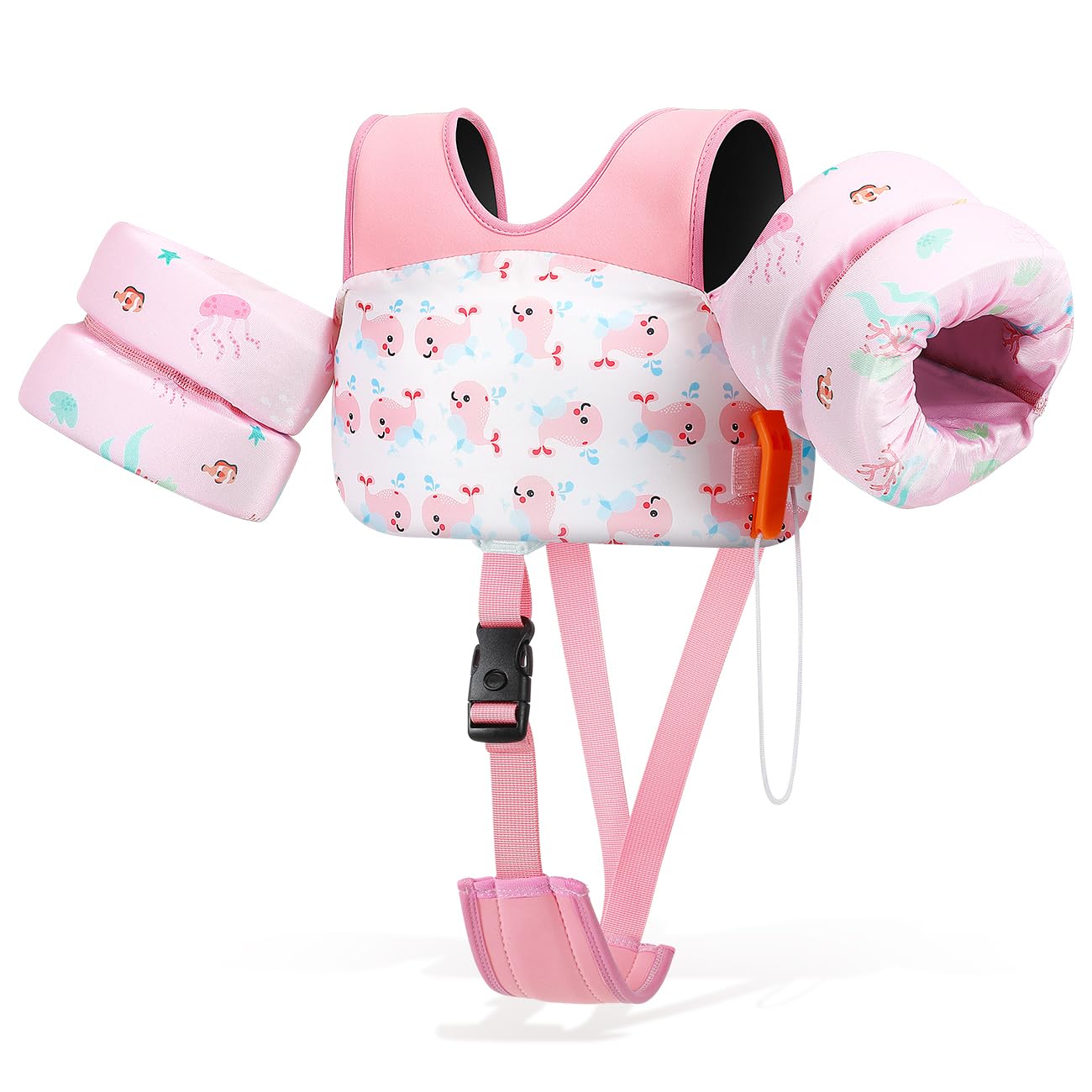 HeySplash Chaleco de Natación para Niños, Traje de Baño Flotante con Correa Ajustable para Pequeños de 6-15kg Aprender a Nadar, Flotador de Brazo de Piscina con Silbato, Ballena Rosa