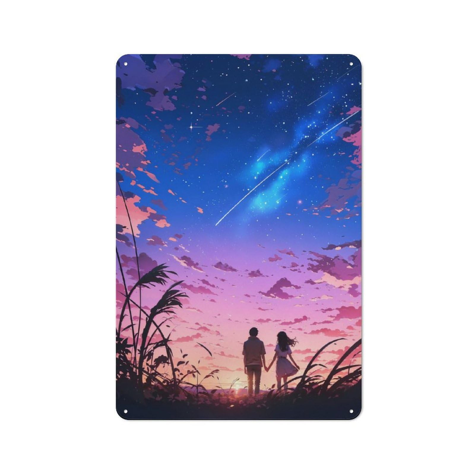 Junmoney Anime Sunset Couple Metal Plaque 30X20cm With For Pub Or Café, Rustic Decor, For Garage, Workshop And Man Cave Decoration