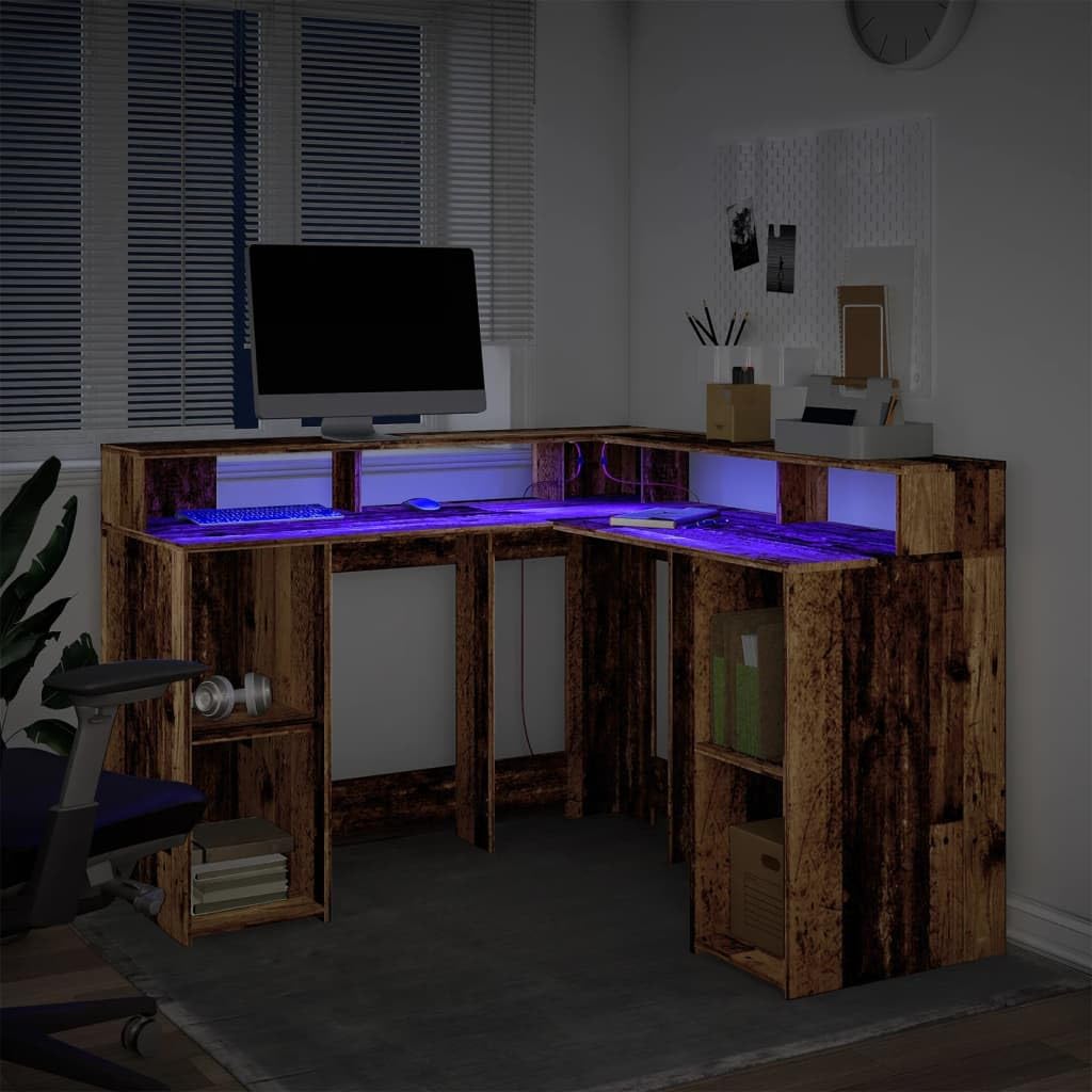 Scrivania con Libreria, Scrivania Salvaspazio, Scrivania Angolare, Scrivania con Cassetti, Scrivania con Luci LED in Truciolato Legno Antico 130x130x91 cm