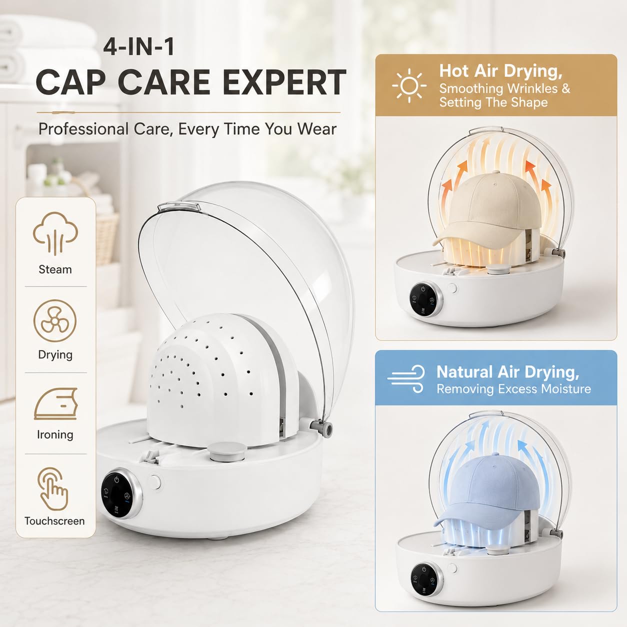 Limpiador y secador automático de sombreros, máquina de cuidado de gorras todo en uno con limpieza a vapor, planchado y secado para sombreros de camionero de béisbol