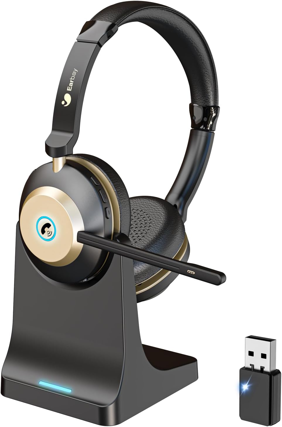 Earbay Wireless Headset, Bluetooth Headset With Microphone Noise Canceling & USB Dongle, V5.3 Bluetooth Headphone with Charging Dock & 50hrs Working Time for Computer/Phones/Teams/Skype/Zoom/Office