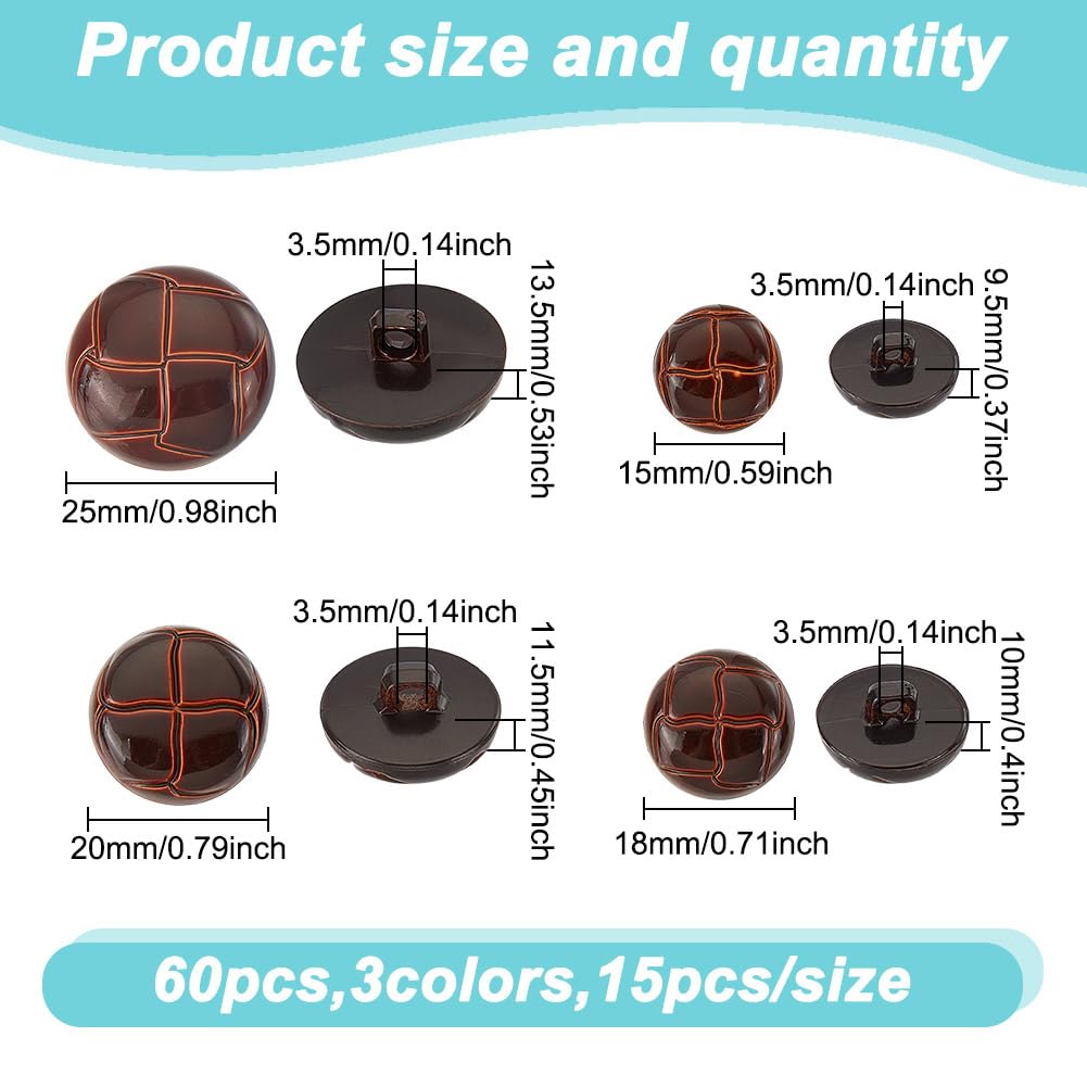 HOBBIESAY 60Pcs Brown Football Shank Buttons in 3 Colors, 15-25mm Imitation Leather Round Plastic for DIY Suits Dress, Skirts - Image 2