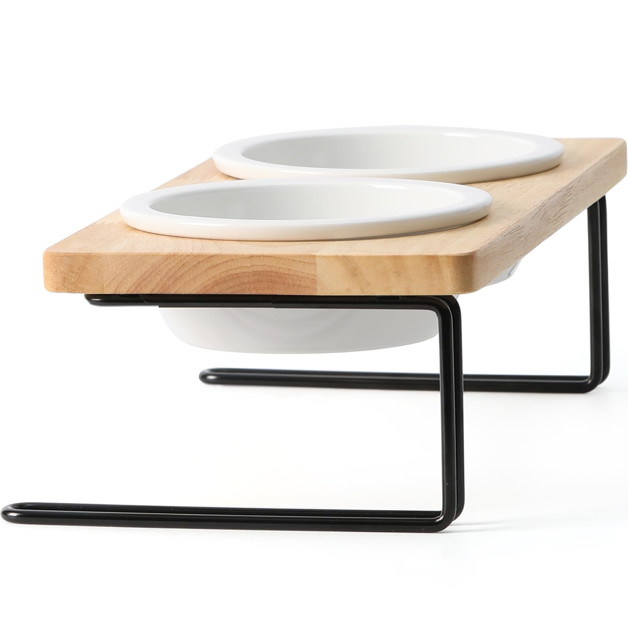 FUKUMARU Elevated Cat Ceramic Bowls, Small Dog Raised Food Feeding Dishes, Solid Wood Water Stand Feeder Set for Cats and Puppy