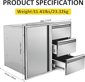 SGOLAN Outdoor Kitchen Door Drawer Combo Cabinet 28" W x 22" H x 19.5" D Stainless Steel Built-in Triple Drawers&Access Door Combo Cabinet for Outdoor Kitchen Island