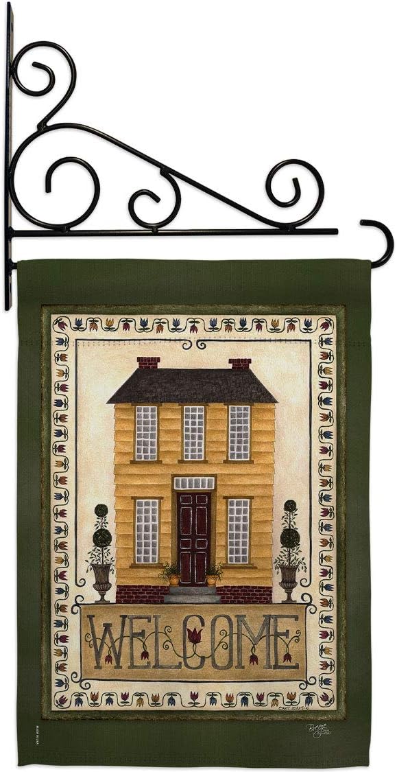 Welcome Yellow House Garden Flag Set Wall Holder Country Living Primitive Farm Western Barn American Rustic Cowboy Rural Ranch Small Decorative Gift Yard Banner Double-Sided Made In USA 13 X 18.5