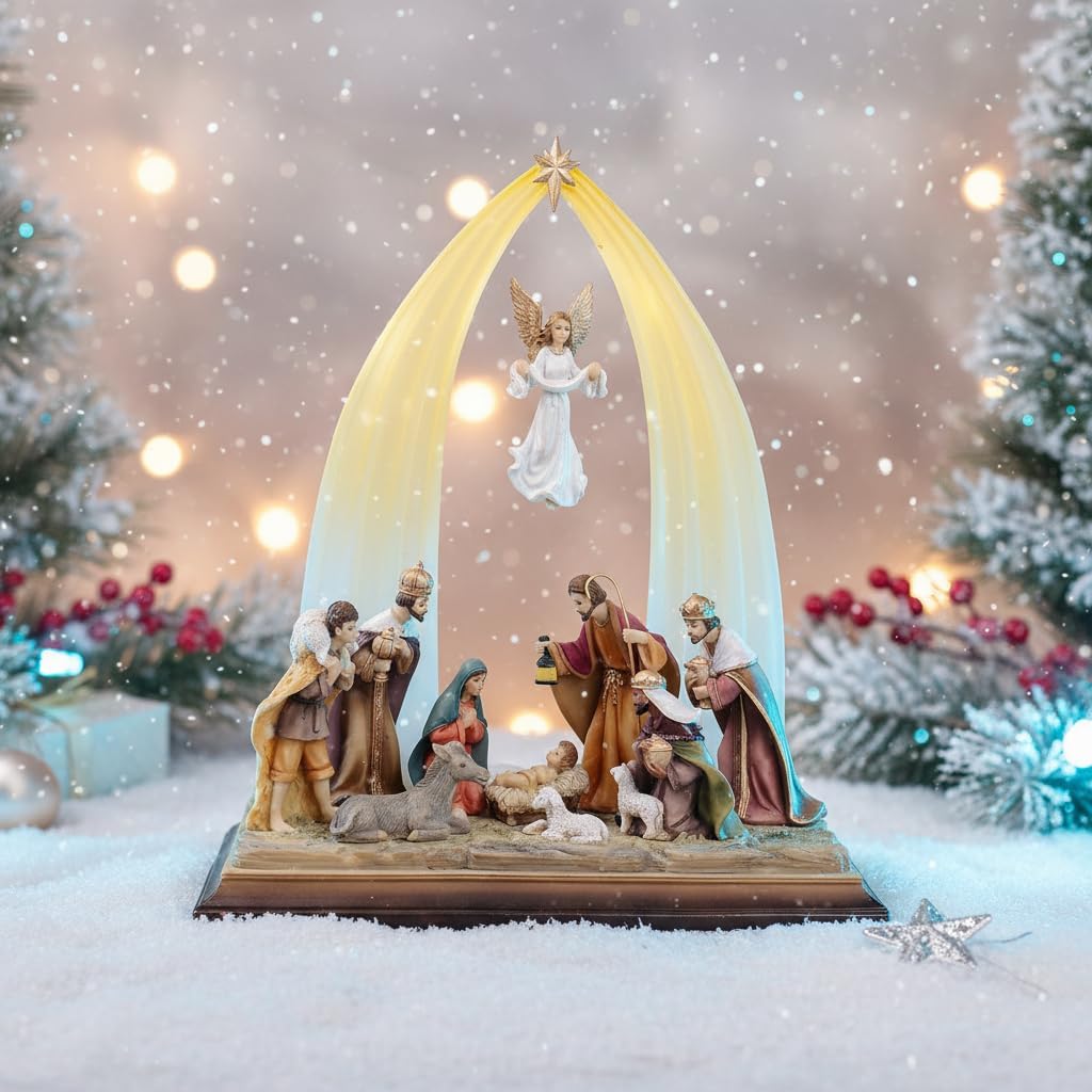 Comfy Hour 12.5" Holy Family Nativity Scene Figurine with Angel, Traditional Christmas Religious Statue, Christ Child Mary Joseph and Three Wise Men, Holiday Home Decor Accent, 1 Piece