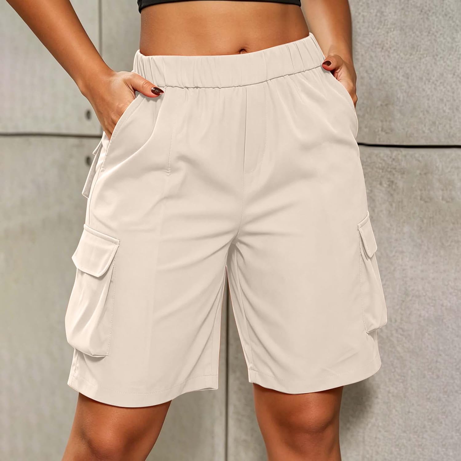 Women’s Elastic Waist Cargo Shorts Multi-Pocket Knee Length Bermuda Shorts Summer Baggy Dressy Hiking Casual Bottoms