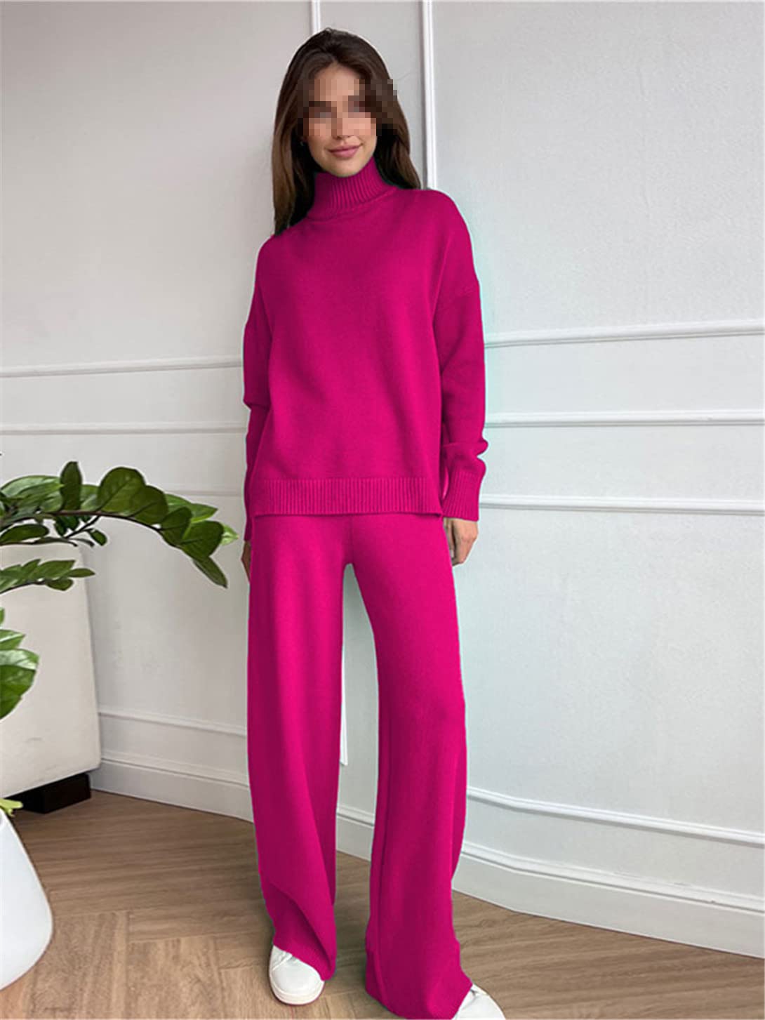 Conjunto de suéter de punto de cuello alto para mujer, casual, liso, cintura alta, pantalones de pierna ancha, traje de punto para mujer