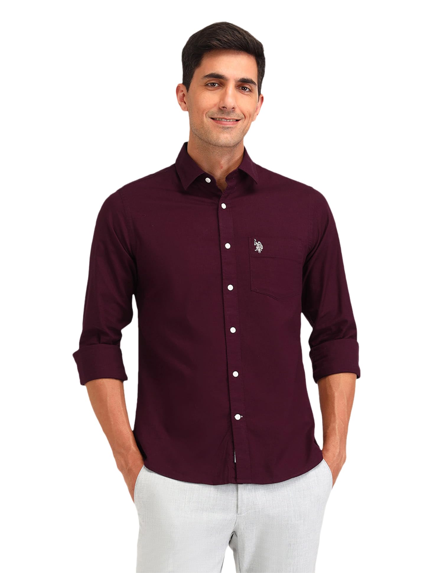 U.S. POLO ASSN. Solid Tailored Fit Cotton Shirts for Men - Full Sleeve Mens Casual Shirts - 3XL, Maroon