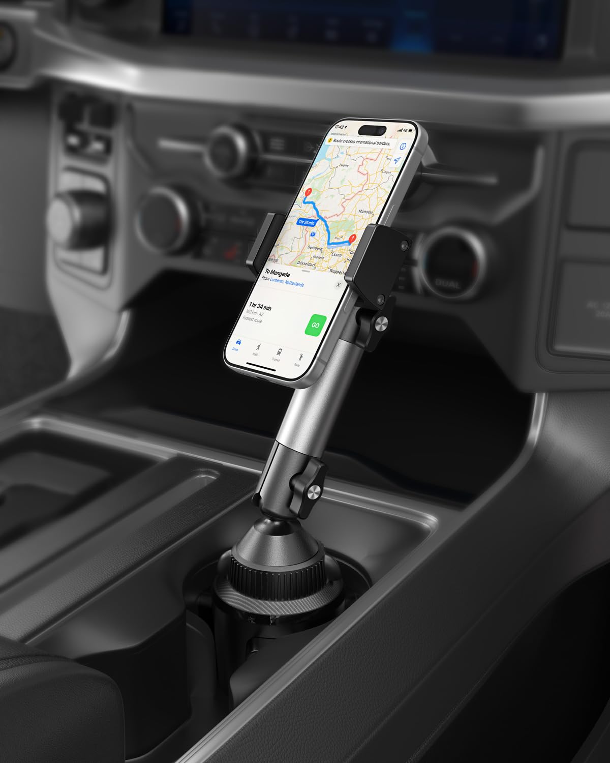 APPS2Car Soporte de teléfono de aluminio resistente para coche, soporte universal para teléfono con rótula de 20 mm, base de portavasos, brazo CNC ajustable