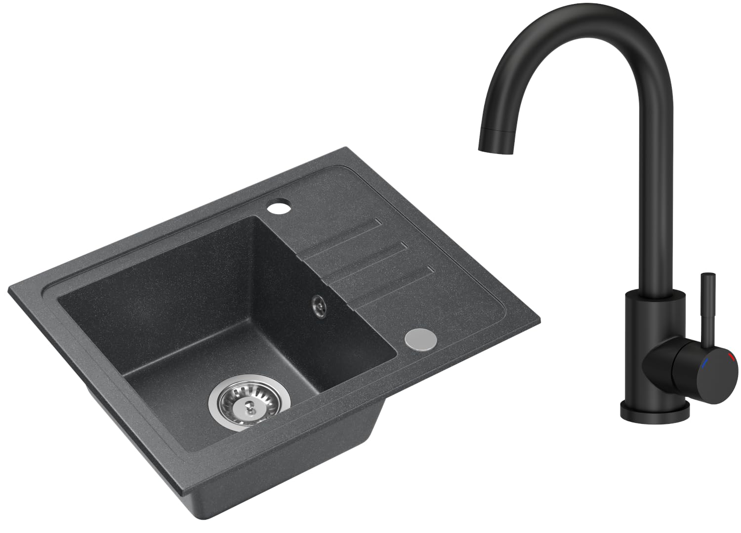VBChome Granit Spülbecken 55 x 44 cm Schwarz gesprenkelt – Einbauspüle Einzelbecken reversibel mit Armatur & Siphon – Küchenspüle Set matt Schwarz – robust & pflegeleicht