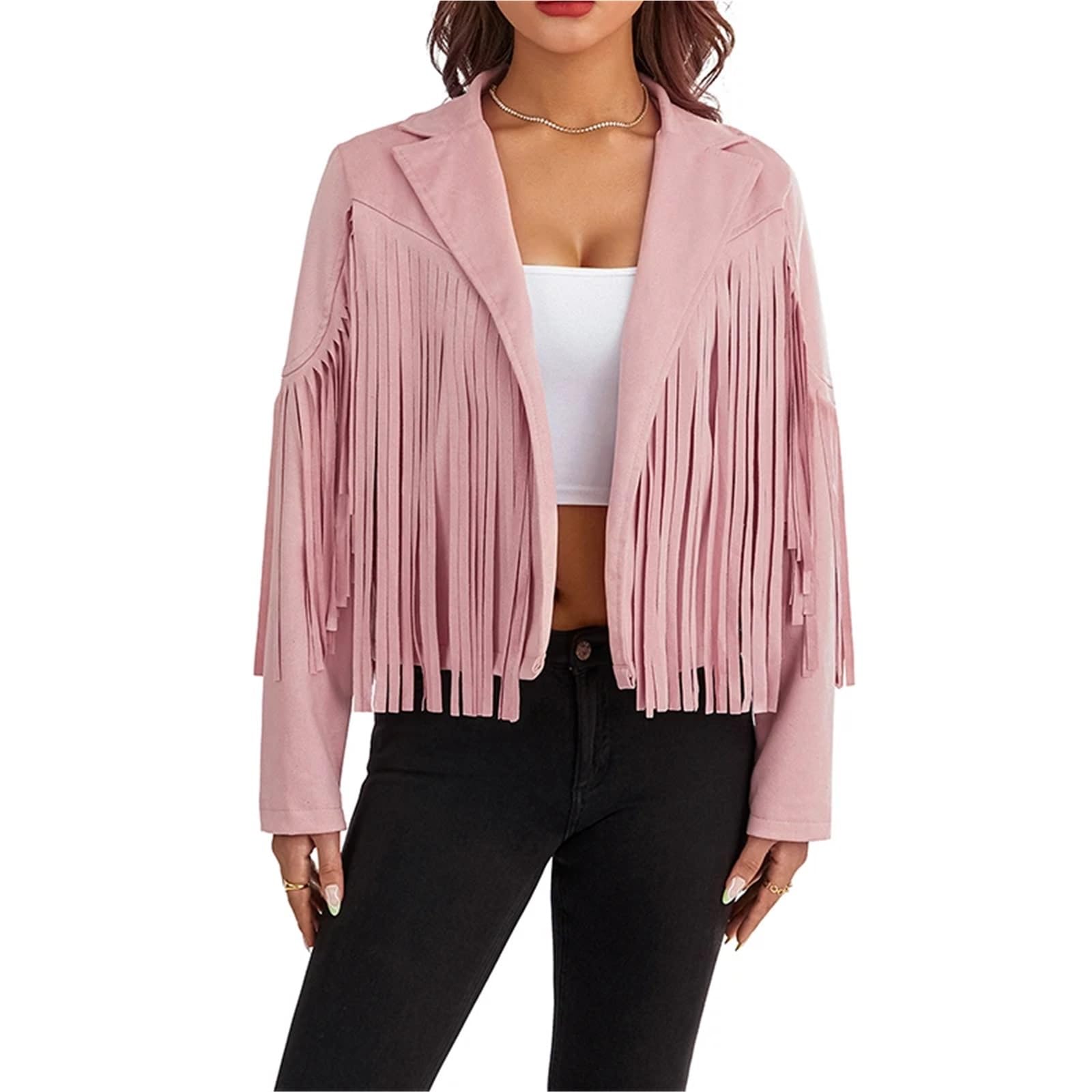 Top con Frange Cappotto da Donna Primavera Autunno Slim Manica Lunga Aperto Davanti Giacca Tinta Unita con Colletto e Nappe per Le Donne(Pink,XL)