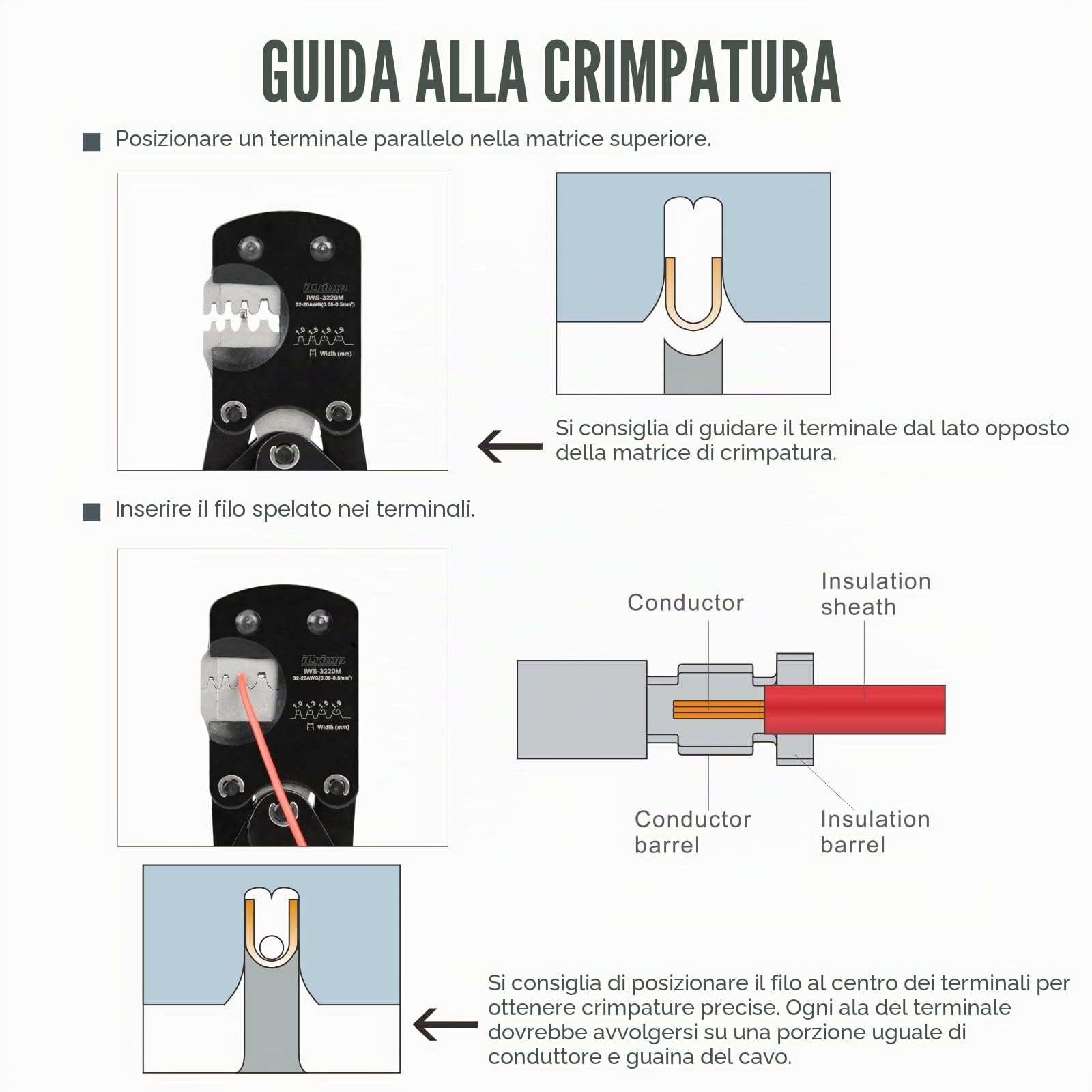 iCrimp Pin crimpatore per microconnettori 0,03-0,5 mm² Crimper a cricchetto per D-Sub, tute a canna aperta Molex, JST, JAE